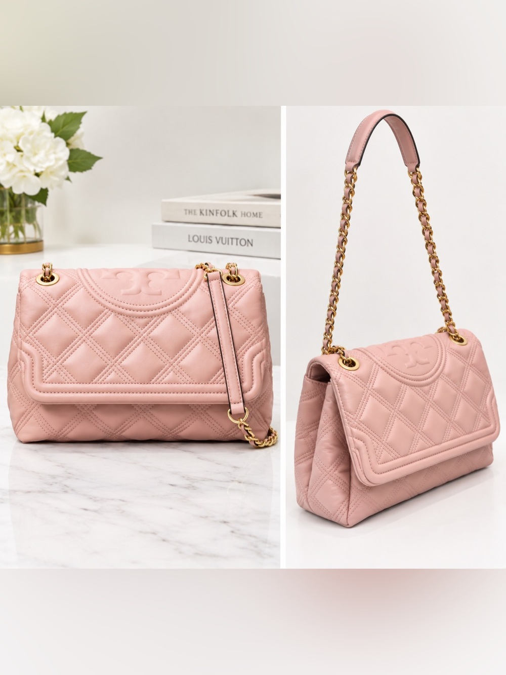 Tory Burch Quilted Pink Leather Shoulder Bag with Gold Chain Strap